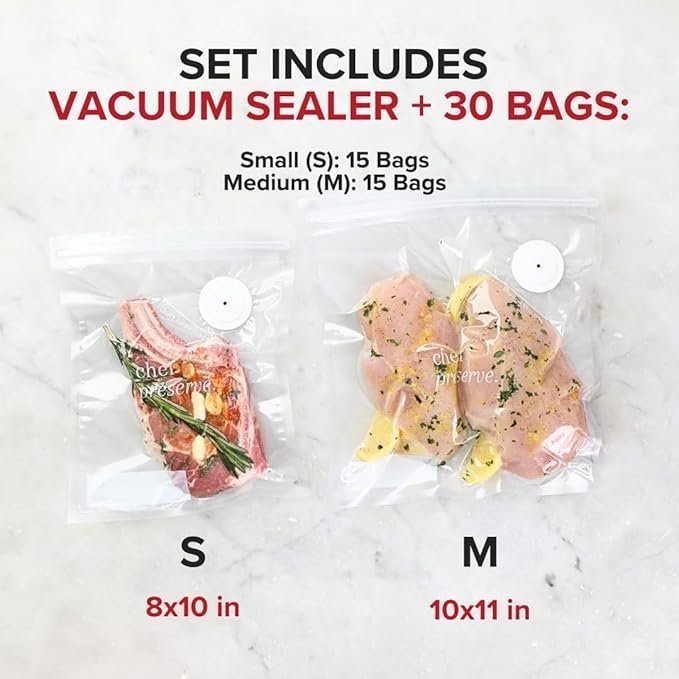 Chef Preserve Compact Vacuum Sealer for Food (Vacuum Sealer Machine + 30 Reusable Vacuum Bags) Powerful Handheld Vacuum Sealer Machine, Seal Meal Saver, Portable Food Sealer - Image 3